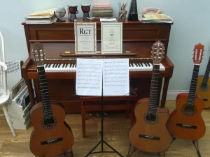 A musical assortment of instruments with classical music at the front